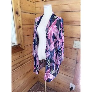 Tropical Banana Leaf Kimono Cardigan Womens Large Pink Navy Blue Duster Emerald